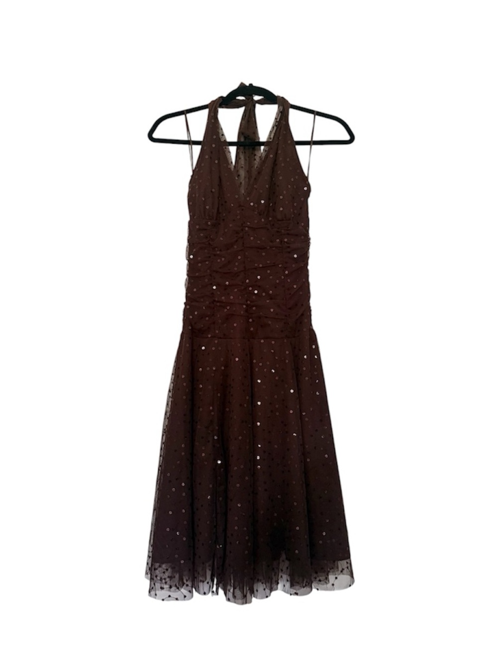 Vintage Y2K Necessary Objects Brown Sequin Halter Tulle Mini Dress Size Small